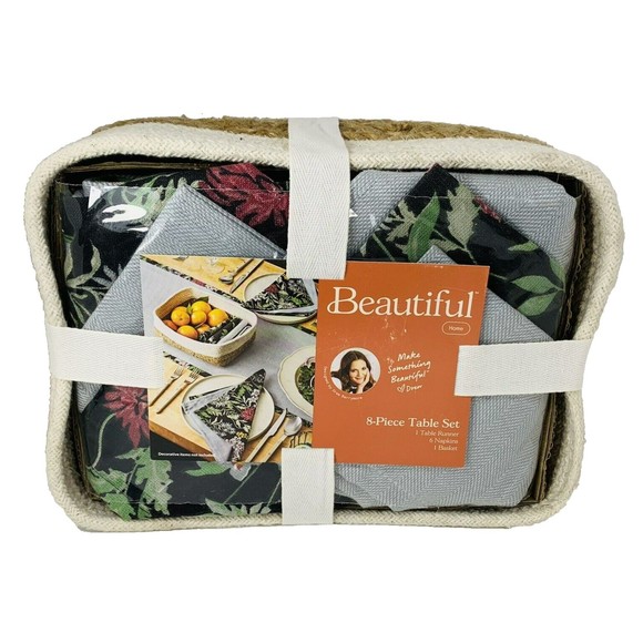 Drew Barrymore Table Runner 6 Napkins Basket Beautiful Gray + Floral 8-Piece Set - Picture 5 of 16